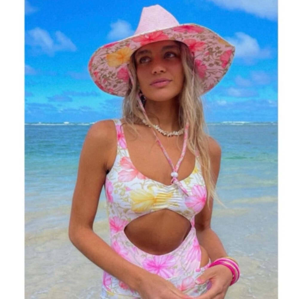 LoveShackFancy Floral Cutout One-Piece Swimsuit in Pink and Yellow